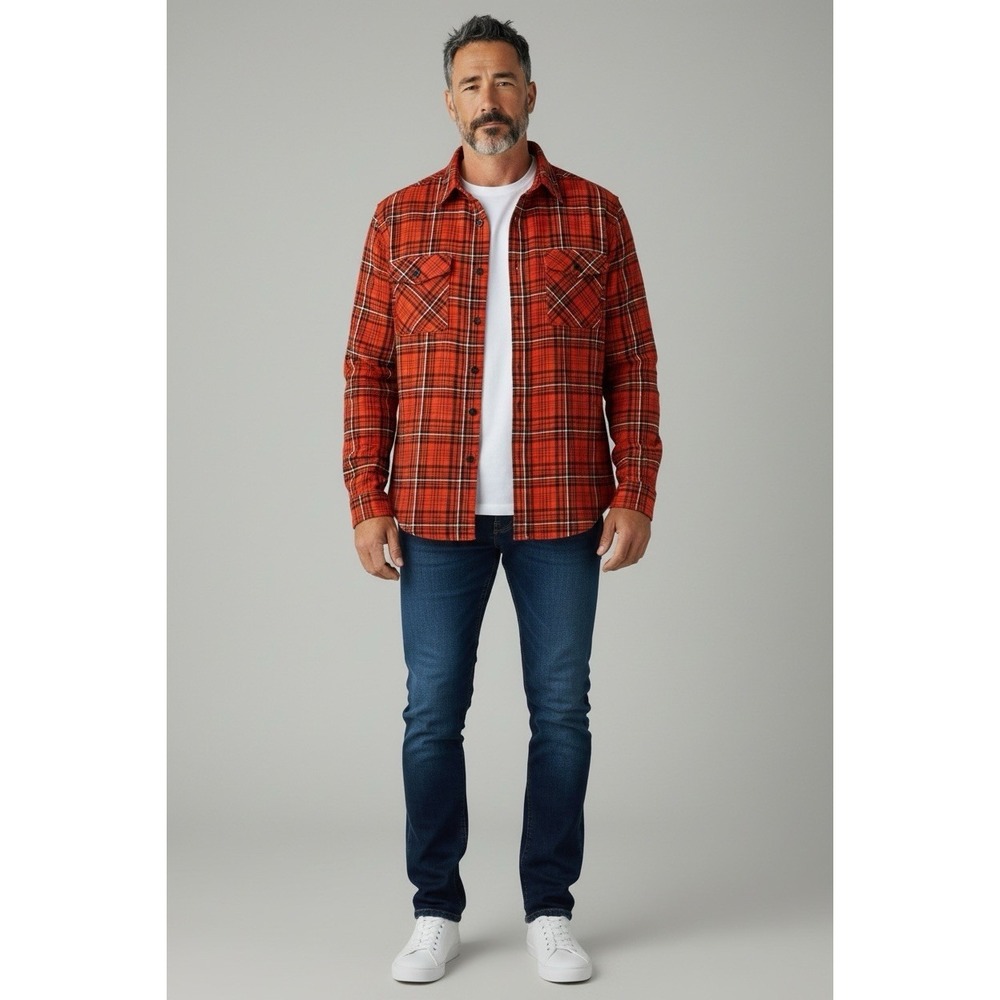 Harley-Davidson Mens Orange Plaid Long‎ Sleeve Button Down Cotton Shirt L